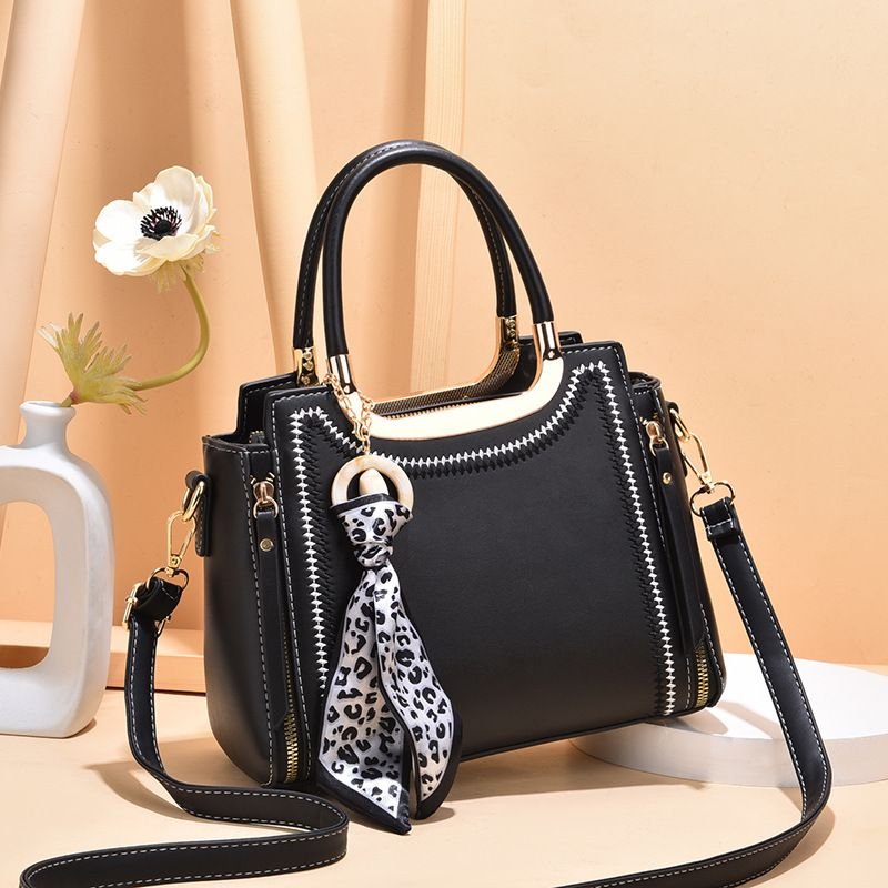 Women Fashion Silk Scarf Pendant Zipper Large Capacity Handle Shoulder Bag