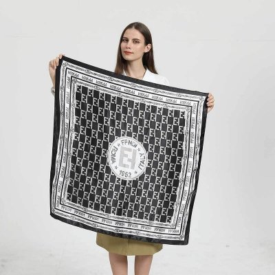 Women Simple Black White Geometric Letter Floral Print Satin Square Scarf